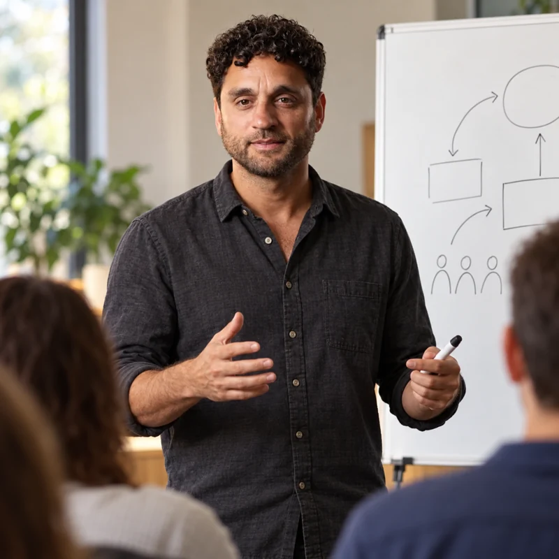 Recreación de Pablo Paludi dando un curso en una empresa