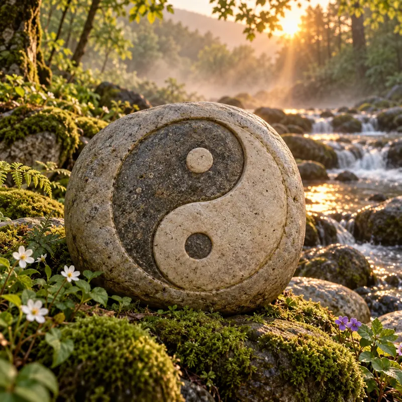 El Tao en la naturaleza: símbolo yin yang junto a un río